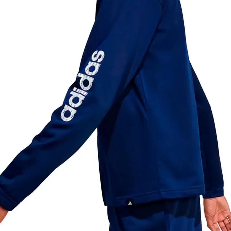 Vista lateral do agasalho esportivo masculino Adidas Essentials azul escuro com bolso lateral e logo